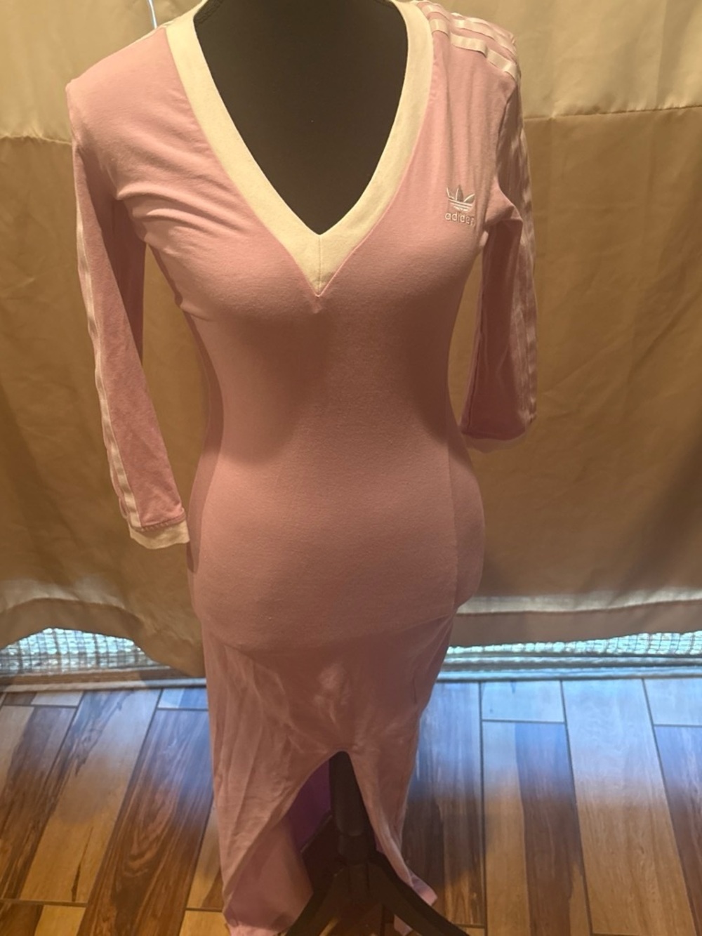 adidas Pink V-Neck Long Sleeve Midi Dress with White Trim